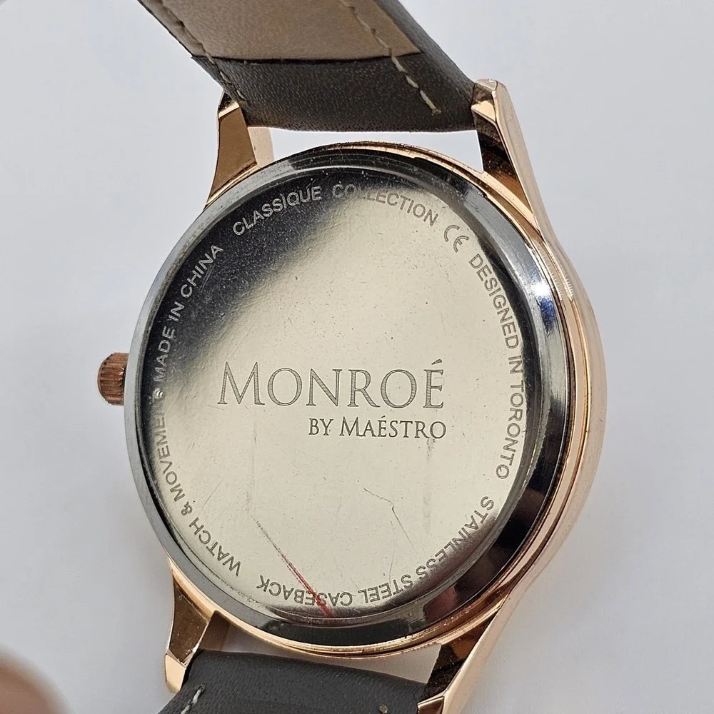 Monroe by Maestro Women Watch 36MM Gold Dial Gray Leather Band Straps NewBattery